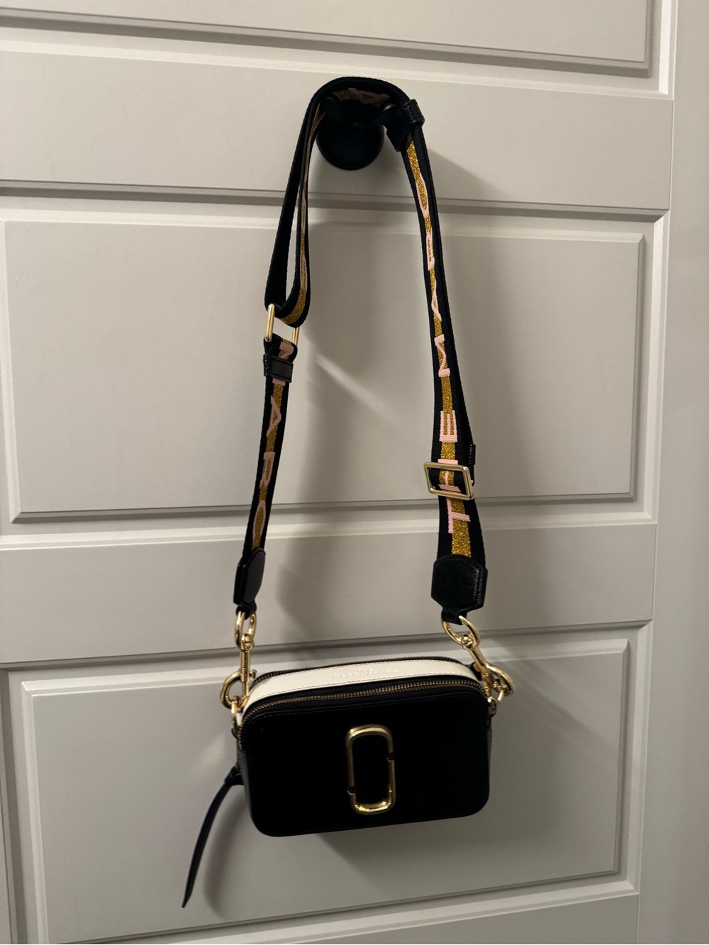 Marc Jacobs Black and White Crossbody Camera Bag with Gold Hardware